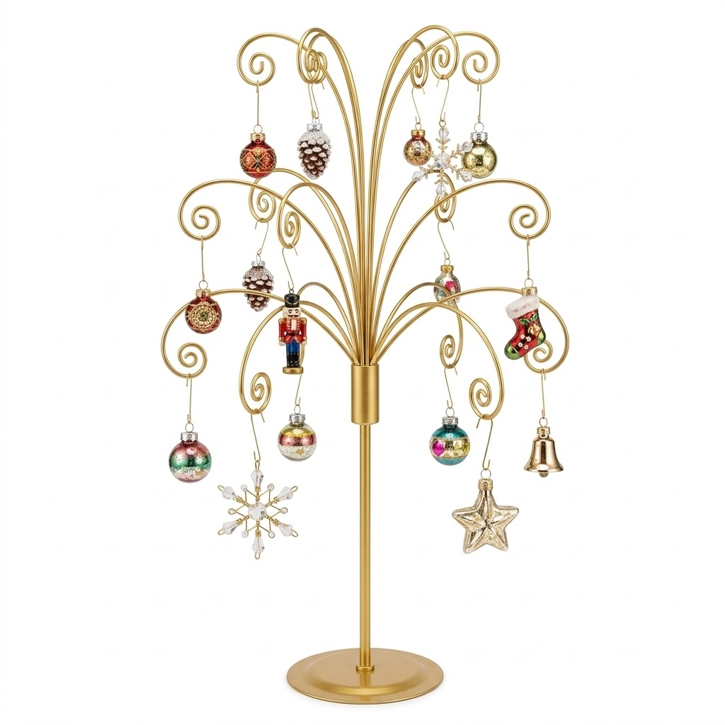 HOHIYA 20 Inch Tabletop Ornament Display Tree Metal Christmas Tree Stand for Desk and Mantel Small Jewelry Tower with Hooks Perfect Holiday Gift Brass Gold